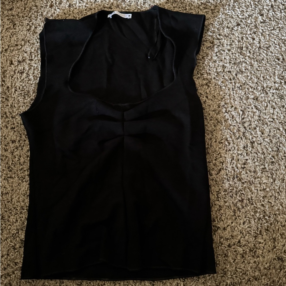 Zara Black Sleeveless Embroidered Neck line Tank Top